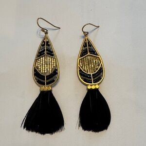 Stella & Dot Elegant Black and Gold Dangle Feather Earrings